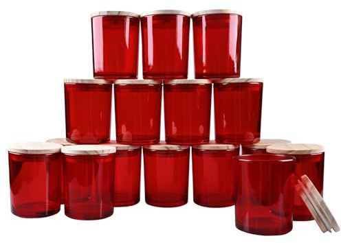SHOWIN Dicke Kerzengläser zur Herstellung von Kerzen, 16 Stück, leere Gläser mit Holzdeckel für die Kerzenherstellung, Probenbehälter, Rot, 200 ml