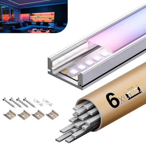 LED Profil 2m×6pc Aluminium U-Form mit Milchig Weißer Abdeckung Kanal Diffusor Alu Profil LED leisten Schienen kanalleiste Aluprofil Streifen Profile lichtkanal led strip aluschiene unterputzprofil