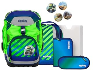 ergobag Schulranzen-Set Pack Set TruckBär - Blau | Ergonomischer Schulrucksack, flexibles 6-teiliges Set für die 1. Klasse Grundschule, geeignet für Mädchen und Jungen