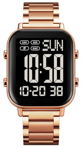 FANMIS Classic Unisex Digital Sports Watches Women's Men's Multifunctional Watch Stainless Steel Band Square Big Numbers Dial Waterproof Electronic Led Watch, Rose Black, Modern