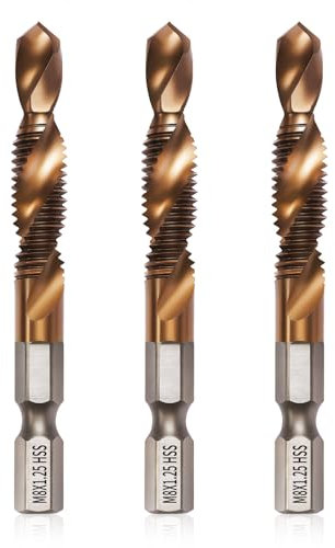 Litorange Set di 3 punte per trapano e maschi HSS 6542 con rivestimento in cobalto, viti filettate in dimensioni M8 con gambo esagonale da 6 mm, adatte per maschiatura professionale e difficile