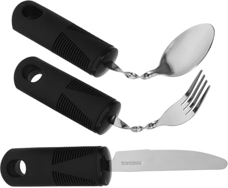 Healvian 3stücke Edelstahl Besteckset für Senioren mit Rutschfester Oberfläche und Anti-shake-funktion Bestehend aus Löffel Gabel und Messer für Sicheres und Komfortables Essen