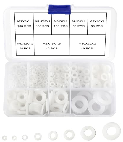 YIXISI 500 Piezas M2 M2.5 M3 M4 M5 M6 M8 M10 Kit de Surtido Arandelas Planas de Nailon, Nylon Arandela, Arandelas de Plastico para ​Mecánicas, Blanco