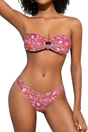 SHEKINI Maillot de Bain Femme 2 Pieces Bandeau O-Ring Haut à Lacets au Dos Bikini Set Sexy sans Bretelles Bikini Deux Pièces
