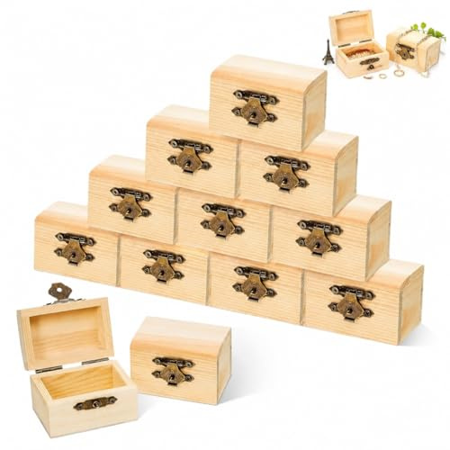 CZAYEFNH Unvollendete Mini Holzboxen - 10er Set, Schatztruhe Holz, Schmuckkästchen, Holzkiste Klein, DIY Holzbox mit Deckel