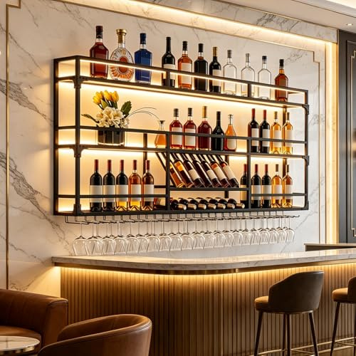 amhricho Weinregal Wand, 3 Ebenen Wand-Weinregale mit Glashalter, Multi funktionaler Weinpareite Display Rack,Weinflaschenhalter Wandmontage, für Zuhause, Bar, Küche, Restaurant (BLACK-B, 120*25*90cm)