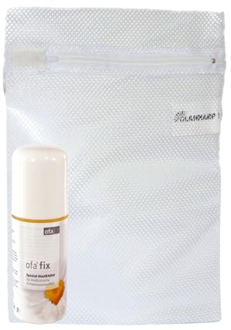 Ofa Fix Hautkleber für Kompressionsstrümpfe + Olanmarp Wäschenetz | Haftkleber pH-neutral mit Kamille – sicherer Halt für empfindliche Haut,60 ml,Made in Germany