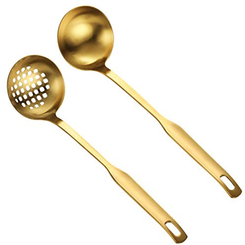Cpolebev Gold Soup Ladle Colander Set, Long Handle Stainless Steel Kitchenware Cookware Serving Spoon, for Cooking Utensil(2 PCS)