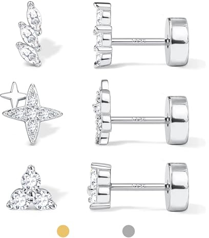 Dochais 3 Paar Ohrstecker Silber 925 für Damen Herren Ohrringe Silber 925 Stecker 14 Karat Vergoldet Kleine Ohrstecker Hypoallergenes Ohrringe Set Zirkonia Cartilage Knorpel Helix Conch Piercing Ohr