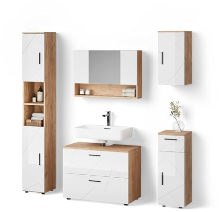 Livinity Badmöbel-Set Ronco Weiß Hochglanz/Goldkraft Eiche | 5 Teile