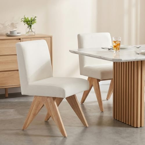 Ya-Home Esszimmerstühle 2er Set, Küchenstühle mit Holzbeinen, Beige | Polsterstühle aus Chenille, ohne Armlehne, Akzentstühle für Küche/Wohnzimmer
