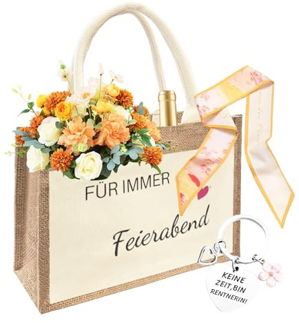 3er Set Rentner Jutetasche Rentner Geschenk Frau Rentnerin Geschenk mit Schlüsselanhänger Seidenschal Jute Einkaufstasche als Ruhestandsgeschenk für Frauen Abschiedsgeschenk Kollegin Rente Geschenke