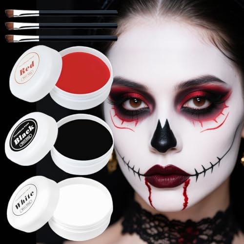 Halloween Schminke Schwarz Weiß Rot Make up Set – Profi Theaterschminke für Erwachsene, hochdeckende Gesichtsfarbe, leicht abwaschbar, Film, Theater, Unfug (3x50g mit Pinseln)