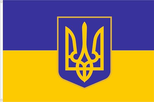 BANDIERA UCRAINA CON SCUDO (Тризуб). Qualità RASO PREMIUM 120 gr. Dimensioni grandi, 150 x 90 cm