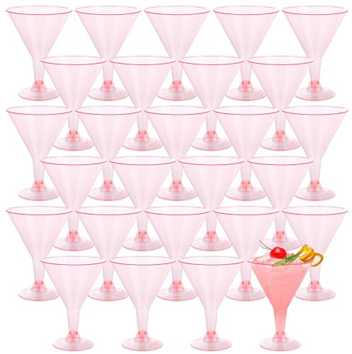 LOLYSIC 50Pcs Plastic Cocktail Glasses, 180ml Reusable Plastic Martini Glasses, Shatterproof Margarita Cocktail Champagne Mocktail Wine Glasses for Wedding Birthday Anniversary Party, Pink