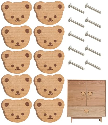 10 Stück Bärenförmige Holzknöpfe & Schubladengriffe - Cartoon Bär Kommode Griff, Tierform Möbelknöpfe Kinder, Niedliche Schrankknöpfe Mit Schrauben, Dekorative Tiergriffe Mit Einfacher Montage