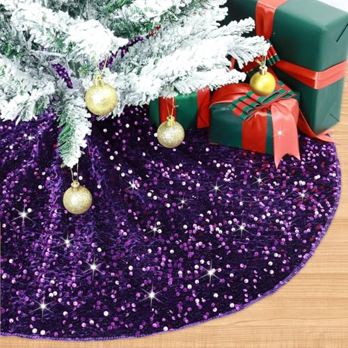 FUHSY Xmas Tree Skirt 90 cm Diameter Purple Sequined Velvet Fabric Decorations Personalized Shimmer Tree Cover Mat Sequin Glitter Tree Skirts for All Occasions Xmas Halloween Tree Decorations