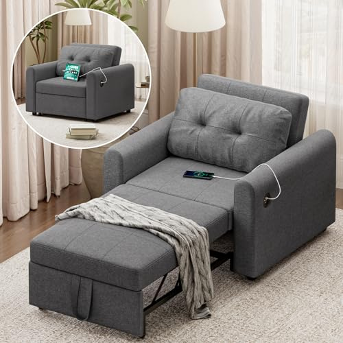 Luxstein Divano Letto 3 in 1 con USB e Porta Type-C, Divano Pieghevole Salvaspazio con Cuscino Morbido, Tasche Laterali, Schienale Reclinabile, Rivestimento in Tessuto Sherpa, 84x190cm, Grigio Scuro
