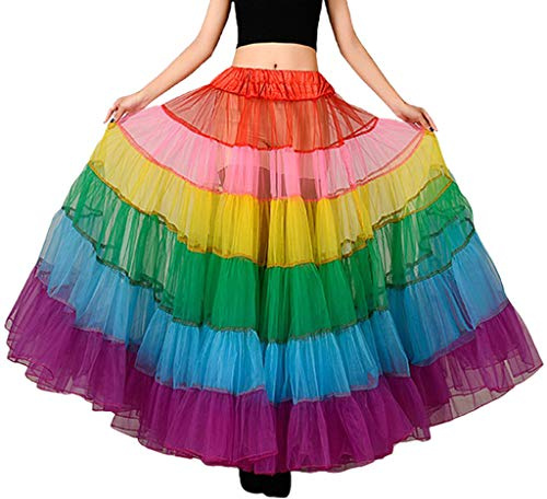 ZEPFJHE Falda larga tutú multicolor para mujer, diseño de arcoíris, plisada, con volantes, longitud al suelo, sin aro, para boda, novia, malla, acampanada, crinolina, sin aros