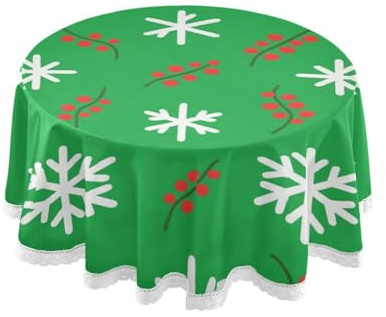 voucong Tovaglia in tessuto bianco con fiocchi di neve e agrifoglio 152,4 cm di lunghezza, lavabile, bordo in pizzo per decorazione della casa