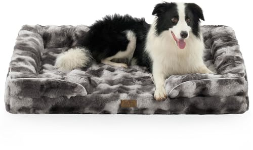 COZY KISS Orthopedic Dog Bed for Extra Large Dog 44x32 inch, XL Faux Fur Pet Sofa, Bolster Foam Bed with Sides, Non-Slip and Egg-Crate Big Dog Couch Bed with Washable Removable Cover, Tie Dye Grey