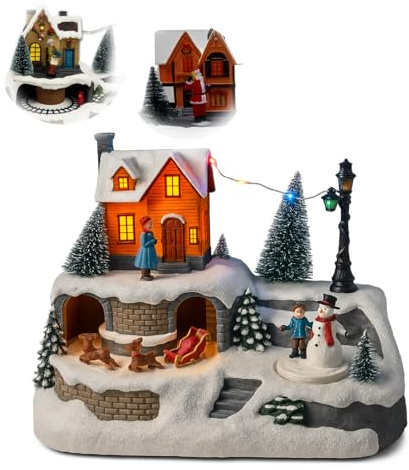 PALUPLUS Villaggio di Natale con Trenino o Renne, Misura 23,5x16x17 cm, Giostrina da Tavola con Luci e Movimento, Decorazioni Natalizie, con Dettagli Assortiti -1820C -0,78