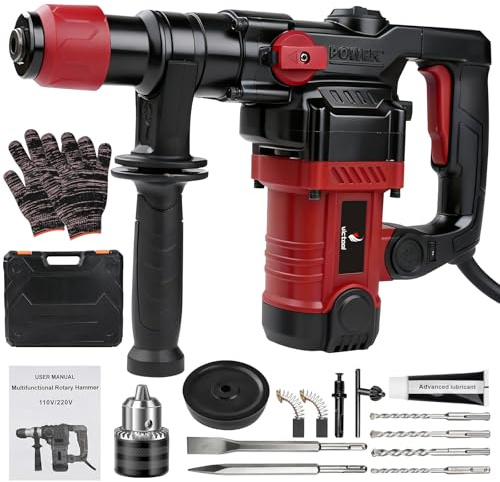 Martello demolitore SDS-Plus, 1300 W, 6 Joule, con trapano e scalpello, potenza di perforazione 32 mm, 6 velocità variabile 0-920 giri/min, per cemento armato, rimozione delle piastrelle