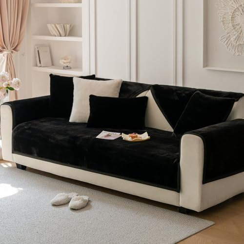 Pevfeciy Couch Überzug Weiche Samt Sofabezug 1 2 3 4 Sitzer Sofa Cover Sofaüberwurfe Flauschiger Unterseite rutschfest Sofaschoner für Sessel L U Form Ecksofa,Schwarz,90X160cm