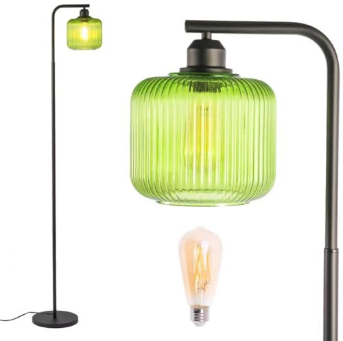 MHYFYH Retro Floor Lamp with Ribbed Glass Shade,Mid-Century Modern Tall Standing Lamp for Living Room, Bedroom, Office,Sturdy Metal Base, Energy-Saving LED Bulb Included, Soft Warm Light (Green)