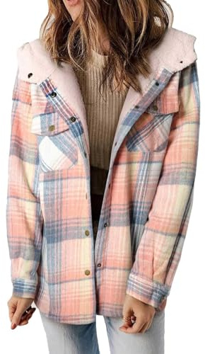 Generisk skjortjacka dam flanellskjorta rutig fleecejacka dam, rutig knappar fickor kappa skogsarbetarjacka plysch fleece fodrad jacka vinter blus med huva fritidsjacka