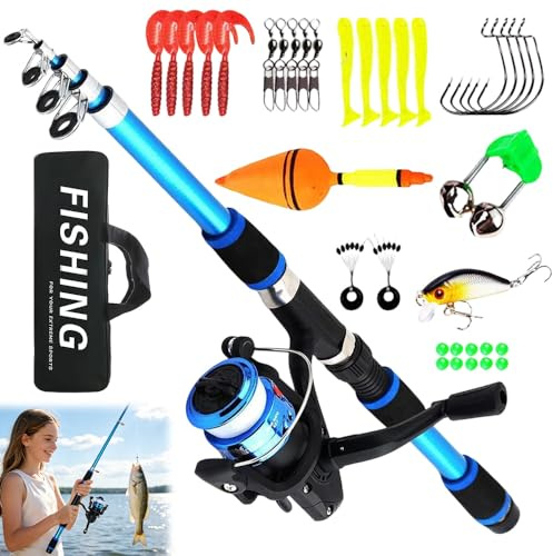 LYPPUL Juego De Pesca para Niños, 1.8m Caña De Pescar para Niños, Caña De Pescar Telescópica con Carrete, Cebo Y Bolsa De Transporte, para Niño para Jóvenes, Principiantes, Pescadores
