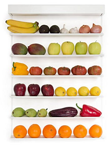 FRUITWALL Design Obstregal Wand, hängend - Obst & Gemüse, 6 Etagen Weiß | Moderne Alternative zum Hängekorb: Längere Frische, schützt vor Druckstellen & spart Platz in der Küche (59 cm)