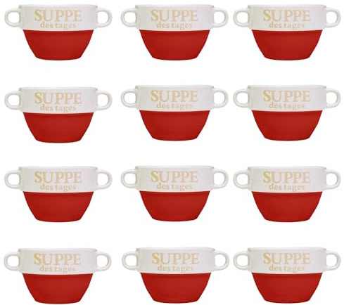 DRULINE 12x Set Suppentasse Rot aus Keramik Ø 13 cm mit Henkel – Hochwertige Suppenschale, Hitzebeständig und Leicht – Perfekt für Suppe, Eintöpfe & heiße Getränke – Stapelbar und Spülmaschinenfest