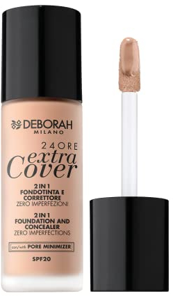 Deborah Fondotinta 24ORE Extra Cover N.02 Beige SPF20, ad Altissima Coprenza e Lunga Tenuta, applicatore di precisione per uso correttore
