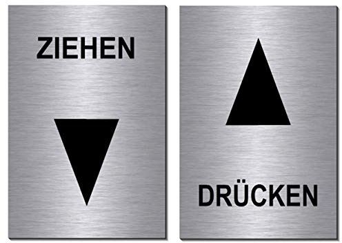 2er Set-Drücken-Ziehen Symbol-Laden-Geschäft-Schild 150 x 100 x 3 mm-Aluminium Edelstahloptik silber mattgebürstet Hinweisschild-Warnschild (2er Set Nr. 9 = 2 Stk. mit Löcher)