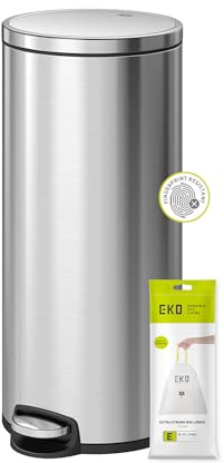 EKO Eva Pedal Kitchen Bin 30 Litres, Waste Bin with Removable Inner Bucket, Soft Close Lid, Stainless Steel