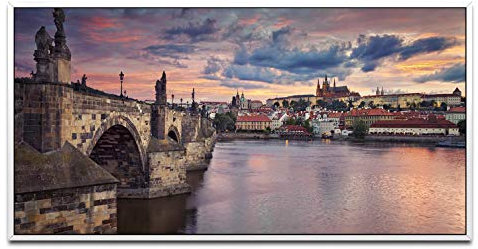 Prag Skyline ca. 130x70cm Wandbild inklusive Schattenfugenrahmen weiss - Panorama Leinwand Bild XXL Format Wandbilder Wohnzimmer Wohnung Deko Kunstdrucke