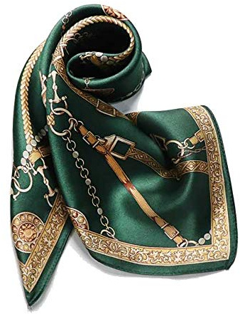 ANDANTINO 100% Pure Mulberry Silk Small Square Scarf -21'' x 21''- Breathable Lightweight Neckerchief -Digital Printed Headscarf (Blackish Green)