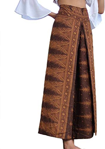 Nuofengkudu Femme Split Baggy Yoga Pantalon Large Jambe Hippie Imprimé Motif Ethnique Leger Mode Taille Haute Pants Ete Plage Decontracte Casual (Marron Paon B,L/XL)