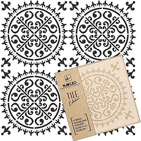 NAKLEO Fliesen Schablone zum Malen 20x20 cm, Palencia Geometric Retro Circle, Kunststoff Wiederverwendbare Bodenschablone DIY, Holz Möbel Wand Dekoration