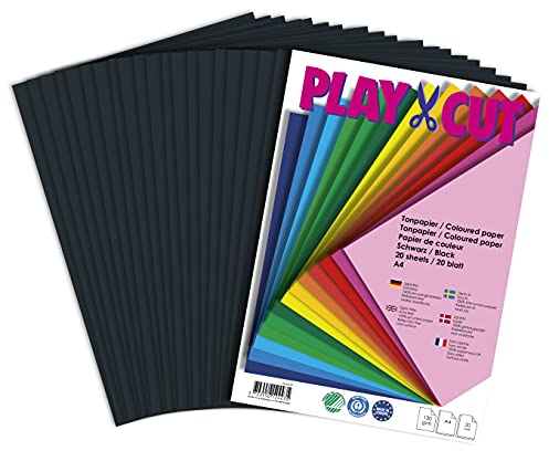 PLAY-CUT Tonpapier A4 Schwarz (130g/m2) | 20 Bogen Din A4 Papier zum Basteln Drucken | Dickes Bedruckbares Bastelpapier Set und Druckerpapier A4 | Premium Tonzeichenpapier & Craft Paper