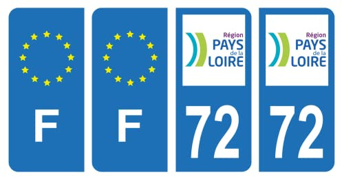 HADEXIA Nummernschild-Aufkleber, französisches Departement 72, Sarthe Region Land der Loire & F Frankreich, Europa, 4 Stück