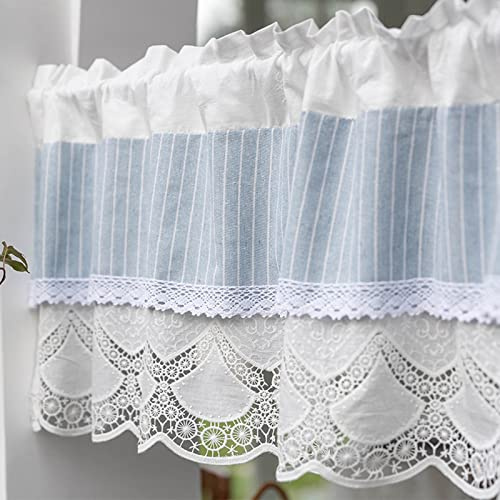 A.Monamour Gardine Scheibengardinen Kurzstores Baumwolle Bauernhaus Mediterraner Stil Blau Gestreifter Stoff Weiße Spitze Stickerei Kurzgardinen Küchengardine Küche Fenster Kurz Vorhang Bistrogardine