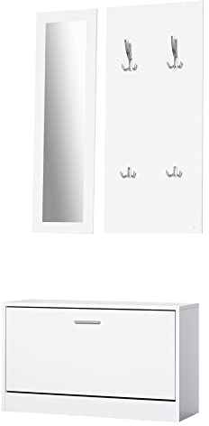 HOMCOM Set Mobili Ingresso 3 Pezzi con Panca Scarpiera, Appendiabiti a Muro e Specchio, Guardaroba da Camera e Corridoio in Legno, 80x27x46.5 cm, Bianco
