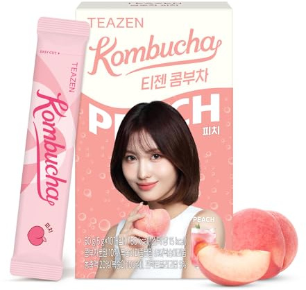 TEAZEN Peach Kombucha Tea, Hydration Drink Mix, Sugar Free, Live Probiotics & Prebiotics, 10 Sticks, 1.76oz