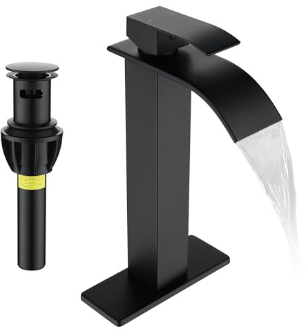 Fransiton Tall Vessel Sink Faucet Matte Black Faucet for Bathroom Sink Tall Waterfall Bathroom Faucet Single Handle 1 or 3 Hole Wash with Pop-up Drain