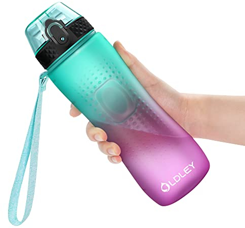 OLDLEY 750ml/25oz Water Bottles with Straw BPA Free Tritan Water Bottles for Gym School Sports Travel Leakproof Time Markings Durable Drink Bottles for Adult Kids Women Men(Green Purple, 1 Lid)