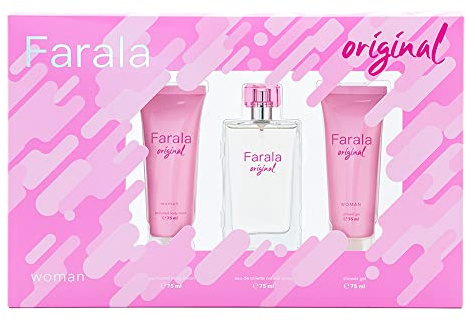 FARALA - Estuche de Regalo para Mujer, Pack 3 Piezas x 75 ml, Colonia Original + Gel de Baño + Loción Corporal, Eau de Toilette Femenina, Aroma Floral Especiado, Fragancia Fresca y Duradera