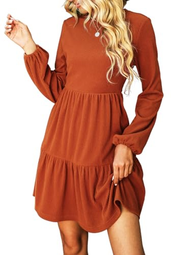 CUPSHE Damen Kleid Rundhals Langarm Volantsaum A Linien Herbst Winter Rippstruktur Kurze Minikleid Freizeitkleider Tiered Mini Dress Burnt Orange L