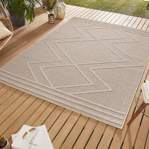 SIMPEX In & Outdoor Bouclé Teppich Läufer wetterfest Beige 80x150 cm Skandinavische Boho Design 3D Hoch Tief Effekt ideal für Flur Balkon oder Küche